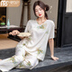 莫代爾睡衣女2025年夏季上新薄國風(fēng)短袖長(cháng)褲棉綢人造棉套裝新中式家居服 米黃色簪子花 XL (100-125斤)