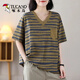 啄木鳥(niǎo)大碼純棉條紋短袖女V領(lǐng)休閑百搭寬松遮肉顯瘦氣質(zhì)文藝夏季T恤上衣 土黃條 4XL 160-185斤
