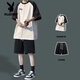 花花公子（PLAYBOY）短袖t恤男生拼色圓領(lǐng)2025夏季衣服搭配短褲一套帥氣學(xué)生套裝男潮 (兩件套)白拼黑T恤+黑色短褲 L
