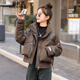 佰藍嬌免洗pu皮羽絨服女短款2024冬季女裝新款小個子高端白鴨絨加厚外套 咖色 S（建議 85-115斤）