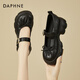 DAPHNE達芙妮瑪麗珍女鞋新款厚底魔術(shù)貼單鞋法式蝴蝶結芭蕾小皮鞋 黑色 跟高5cm 37 (235mm) 標準碼