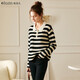 Olrain歐芮兒條紋套頭長(cháng)袖毛衣女春裝顯瘦氣質(zhì)POLO領(lǐng)拼接針織衫女 黑白條紋 M