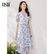 歐莎（OSA）短袖雛菊碎花連衣裙女士夏季新款仙女氣質(zhì)裙子 白底藍花 S