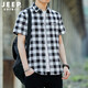 JEEP SPIRIT短袖襯衫男2024夏季襯衣男士時(shí)尚休閑格子襯衫夏季商務(wù)休閑男裝 藍白 L