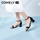 康莉（COMELY）一字帶涼鞋女粗跟25年夏季羊皮中跟時(shí)尚百搭通勤時(shí)裝涼鞋 黑色 37