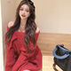 閃動(dòng)少女（SHANDONGSHAONV） 一字肩毛衣女中長(cháng)款慵懶風(fēng)白色寬松氣質(zhì)針織衫上衣秋冬2021年新 紅色 均碼