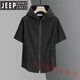 JEEP SPIRIT2023春夏新款男士連帽短袖t恤拉鏈開(kāi)衫帶帽半袖修身衛衣潮流外套 黑色男/男士/痞帥/ 4XL 建議190-210斤