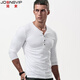 簡(jiǎn)束亨利V領(lǐng)長(cháng)袖T恤男純色棉質(zhì)緊身修身帶扣開(kāi)衫體恤美式復古打底衫 白色（長(cháng)袖款） XL /70kg左右修身