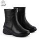 懶洋洋秋冬新款真皮軟底高跟女短靴厚底圓頭舒適牛皮中筒靴1203A 黑色 37