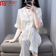 莫代爾水光綢睡衣女夏季冰絲薄款提花格紋短袖長(cháng)褲簡(jiǎn)約家居服套裝可外穿 舒適柔軟親膚：白色 L