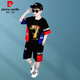 皮爾卡丹（pierre cardin）童裝男孩穿的4-14歲兒童裝夏裝2025新款短袖套裝衣服6中大童街舞 黑色(上衣+褲子) 160 建議身高1.5米左右75-85斤
