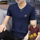 梵登諾（FANDENGNUO）夏季莫代爾新款v領(lǐng)男士修身短袖t恤潮流體恤衫半截袖上衣服男裝 藏青+酒紅 XL【135-150斤】