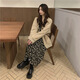 爾山集連衣裙女長裙v領碎花裙大衣內搭裙子秋季A字裙高腰2024新款 長袖碎花連衣裙M碼