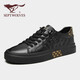 七匹狼男鞋冬季新款板鞋男男士休閑鞋百搭男鞋休閑皮鞋平底鞋加絨厚底潮 黑色 單層 【側邊圖案】 40 【標準皮鞋碼=運動(dòng)鞋41碼】