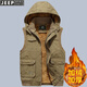 JEEP加絨加厚保暖帶帽子多口袋馬甲中老年冬款男坎肩純棉背心寬松馬夾 2號卡其 加絨 M 110斤左右