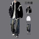 安初夏棒球服外套男套裝春秋款潮牌痞帥夾克一整套搭配帥氣牛仔褲三件套 外套黑+長(zhǎng)白T+牛仔褲藍(lán)【三件】 XL 建議120-140斤