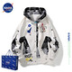 NASA LIKE官方潮牌美式假兩件外套男春秋季涂鴉夾克女情侶棒球服工裝沖鋒衣 白色 XL
