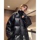 QGF美式高街加厚立領(lǐng)棉服女冬季新款百搭PU皮面包服字母刺繡保暖棉衣 黑色 M