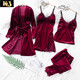 KJ睡衣女秋冬季金絲絨套裝女吊帶睡裙性感睡袍四件套長(cháng)袖家居服外穿 酒紅色 L (101到115斤)