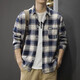 潮天士格子襯衫男寬松條紋長(cháng)袖襯衣男士秋冬季磨毛純棉休閑外套大碼上衣 寶藍色Z713 XL【140-160斤】