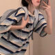 JZOG盐系设计感刺绣短袖t恤女学生2024新款宽松韩版ins条纹体恤衫上衣 蓝色(有花) M_85-105斤
