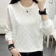 歐洛黛針織衫女春秋裝女新款小鏤空蕾絲拼接針織薄款毛衣寬松打底衫上衣 白色 XL