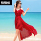 柏格倫三亞旅游衣服超仙紅色沙灘裙女夏季長裙拍照大紅裙海邊度假連衣裙 L 紅色