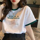 歐洛黛短袖t恤女純棉新款時尚印花顯瘦圓領(lǐng)休閑女士夏裝衣服短袖女上衣 英文小熊【綠領(lǐng)】 M