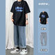 宗獅猴 五分袖套裝男夏季薄款套裝潮男短袖T恤長(cháng)褲男潮流休閑男生牛仔褲 T19黑色短袖+101淺藍色牛仔褲 41 2XL