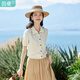 茵曼（INMAN）【冰爽絲】涼感撞色邊翻領(lǐng)針織開衫女裝2025夏季新品寬松別致上衣 淺米杏 XL
