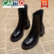 卡帝樂鱷魚（CARTELO）品牌真皮馬丁靴女2023秋冬新款高跟粗跟女靴小個子感短靴 黑色單里 38