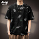 JEEP SPIRIT高端短袖T恤男士夏季美式潮牌設計感破洞涂鴉印花寬松休閑體恤男 黑色 XL 適合140-160斤