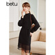 betu百圖女裝網(wǎng)紗拼接小高領(lǐng)木耳邊燈籠袖針織連衣裙女2110T69 黑色 L