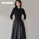 ROEYSHOUSE羅衣氣質(zhì)七分袖針織連衣裙秋冬新款女黑色褶皺大擺裙子05860 黑色 L