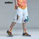 GUUKA潮牌恐龍手繪涂鴉印花休閑短褲男運動(dòng)寬松系帶五分褲百搭卡通中褲 白色 L
