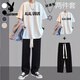 花花公子（PLAYBOY）純棉短袖t恤男套裝2025夏季港風(fēng)搭配帥氣寬松休閑褲男學(xué)生2件套 USUS白+大繩黑褲+項鏈【一整套】 L【建議100-115斤】