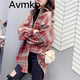 Avmko女秋冬新款磨毛格子襯衫韓版復古中長(cháng)款拼色毛絨襯衣寬松加厚外套 紅色 L