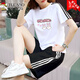 啄木鳥(niǎo)100%純棉休閑運動(dòng)服套裝女夏季新款大碼寬松學(xué)生短袖短褲兩 黑白套裝2只小兔 2XL 建議125-140