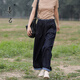 善己藏藍色寬松闊腿牛仔褲2022秋季新款垂感撞色翻邊松緊腰拖地褲 牛仔藍 L【現貨發(fā)售】
