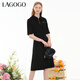 LAGOGO黑色休閑翻領(lǐng)連衣裙女拉谷谷夏季新款氣質(zhì)收腰短袖中長(cháng)裙 黑色(W1) L