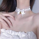 BJYL項鏈女貓系女友白色蕾絲蝴蝶結小鈴鐺choker鎖骨鏈配飾頸帶項圈女 白色
