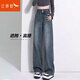 紅蜻蜓牛仔褲女春季新款女裝直筒闊腿褲女小個子休閑女士褲子女 復古藍九分 L