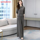 WMOKNN潮牌氣質(zhì)秋季減齡顯瘦闊腿褲套裝新款女裝春秋職業(yè)兩件套時(shí)尚洋氣 灰色 4XL （150-160斤）
