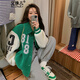 艾珠兒 羊羔毛外套女秋冬百搭加絨加厚寬松學生小個子夾克棒球服外套女 綠色 S