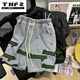 唐號 短褲男  夏季美式文藝炸街褲子高街ins潮牌刺繡牛仔短褲男hiphop炸街闊腿短褲 藍色 L