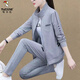 啄木鳥(niǎo)運動(dòng)服套裝女春秋季2025新款休閑百搭中年媽m媽裝大尺碼女裝 灰色三件套(外套加褲子加T恤) XL 105-118斤