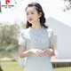 皮爾卡丹民國(guó)風(fēng)夏季女裝新款文藝改良旗袍上衣復(fù)古唐裝修身中國(guó)風(fēng)短袖T恤 淺藍(lán)色 2XL