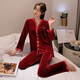 KJ睡衣女金絲絨睡衣睡褲套裝蕾絲V領(lǐng)開(kāi)衫兩件套長(cháng)袖長(cháng)褲家居服外穿 紅色 M (80-100斤)