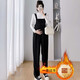 愛(ài)蘭婷秋冬季寬松大碼純棉加絨加厚燈芯絨孕婦裝背帶褲吊帶闊腿長(cháng)褲套裝 黑色單件背帶褲（加絨） XXL建議150-165斤