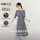 尚都比拉夏季優(yōu)雅撞色波點(diǎn)印花七分袖圓領(lǐng)中長(cháng)款100%桑蠶絲真絲連衣裙女 藏藍底花色 M